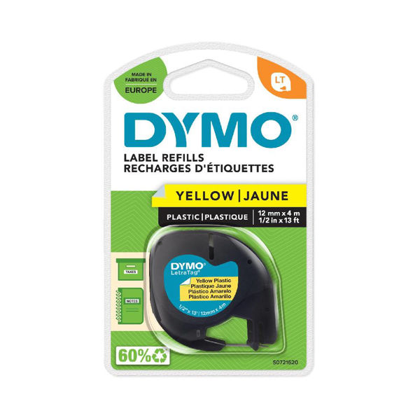 Picture of DYMO 91202 Black on Yellow Plastic Letratag Tape - 12mm X 4m